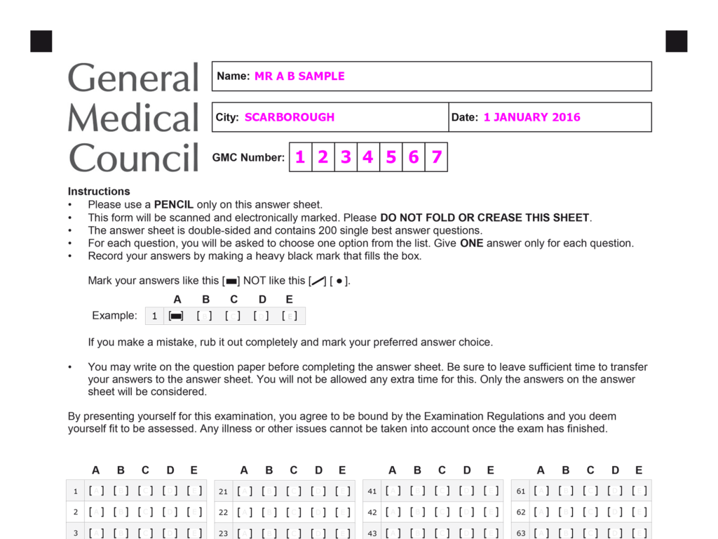 PLAB MCQ Answer Sheet PLAB 1 Exam Sheet PLAB Official